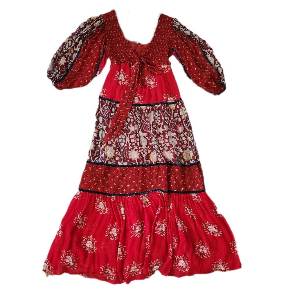 Free People Bali Laurel Maxi Dress Long Sleeve Cut-out Back Red Women's - Picture 3 of 15